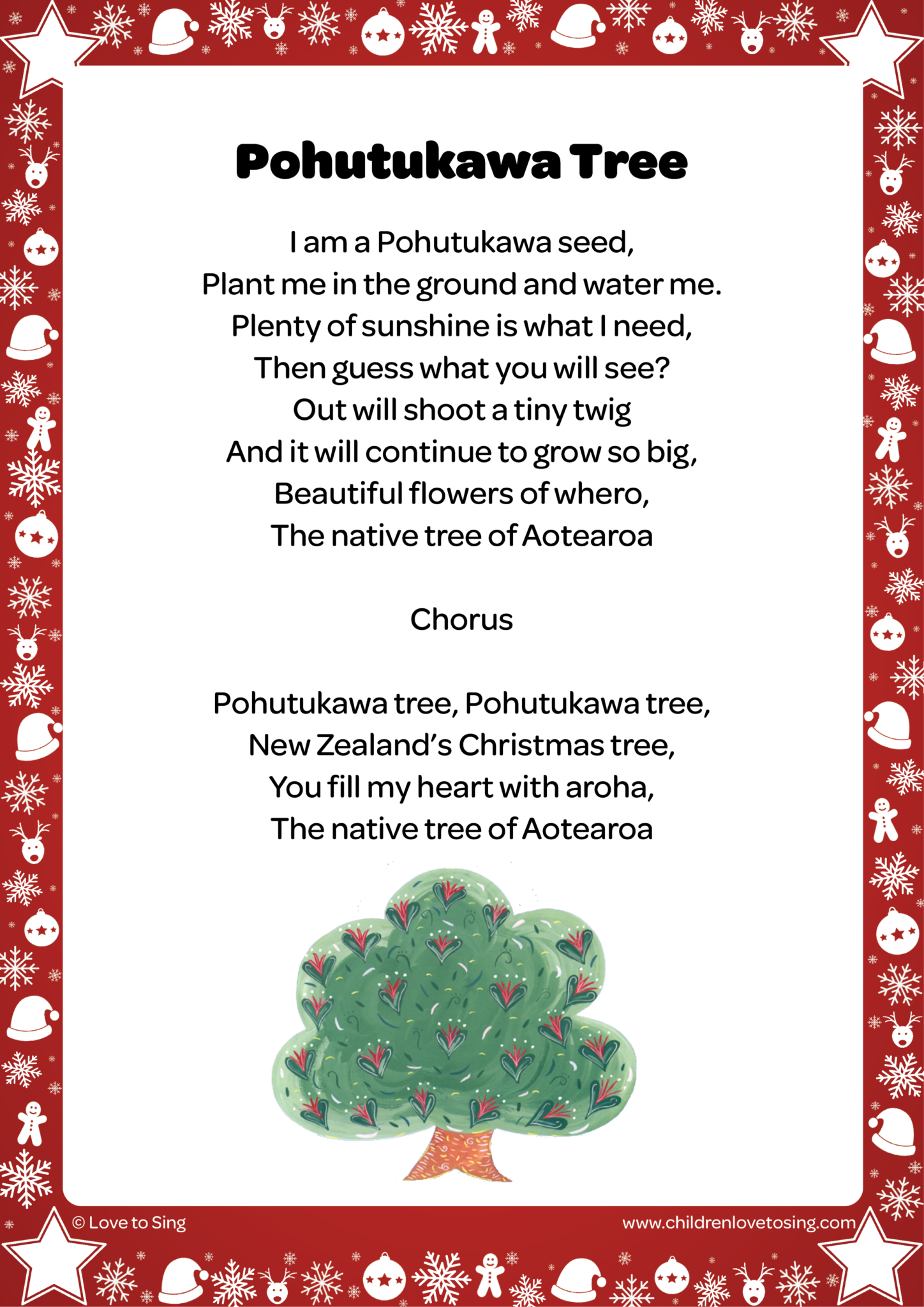 New Zealand Kids Christmas Songs Pohutukawa Tree with Lyrics printable and downloadable PDF
