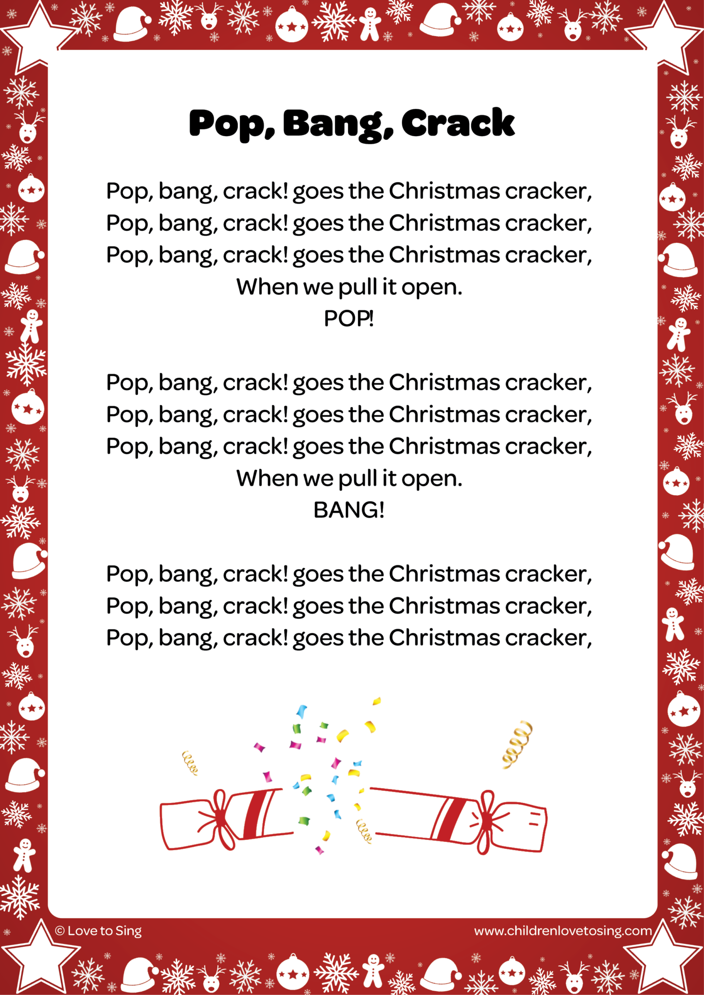 New Zealand Kids Christmas Songs Pop, Bang, Crack with Lyrics printable and downloadable PDF
