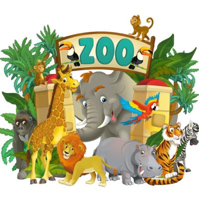 A cartoon of a zoo for the kids song We're Going to the Zoo with lyrics